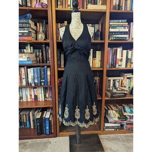 ASPEED vintage 90s black taffeta halter cocktail dress with gold appliqued hem s